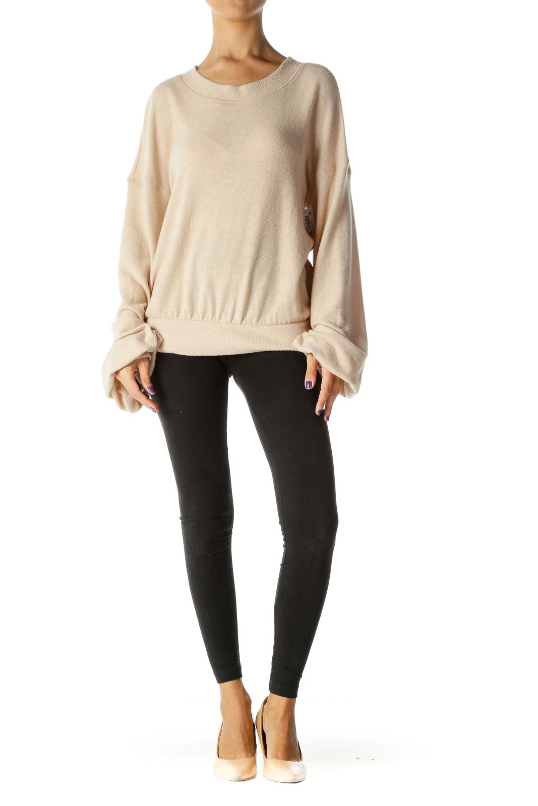 Light Peach Round Neck Super Soft Touch Bishop Sleeves Sweater