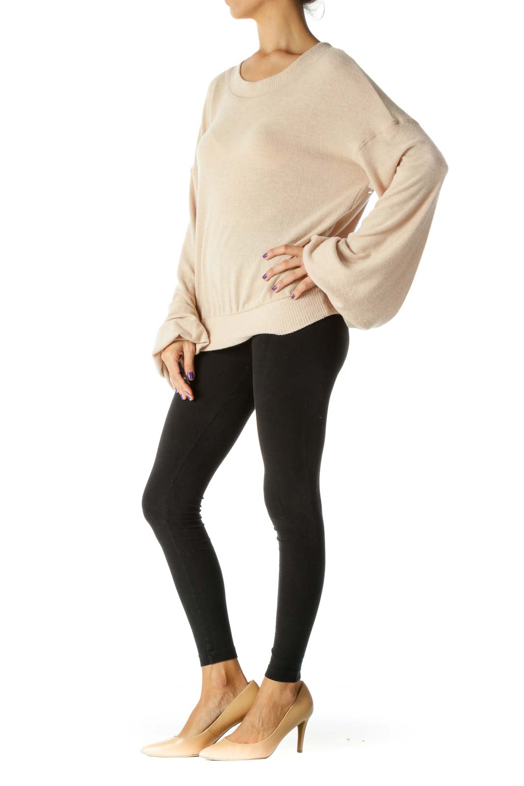 Light Peach Round Neck Super Soft Touch Bishop Sleeves Sweater