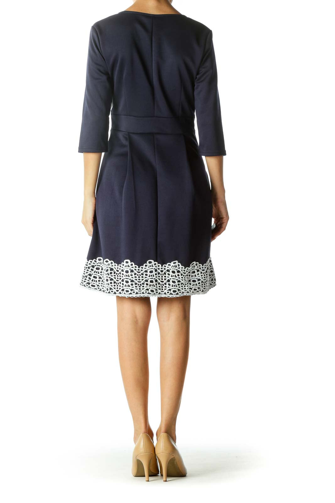 Navy Blue White Lace Trim Detail V-Neck Stretch 3/4 Sleeve Dress