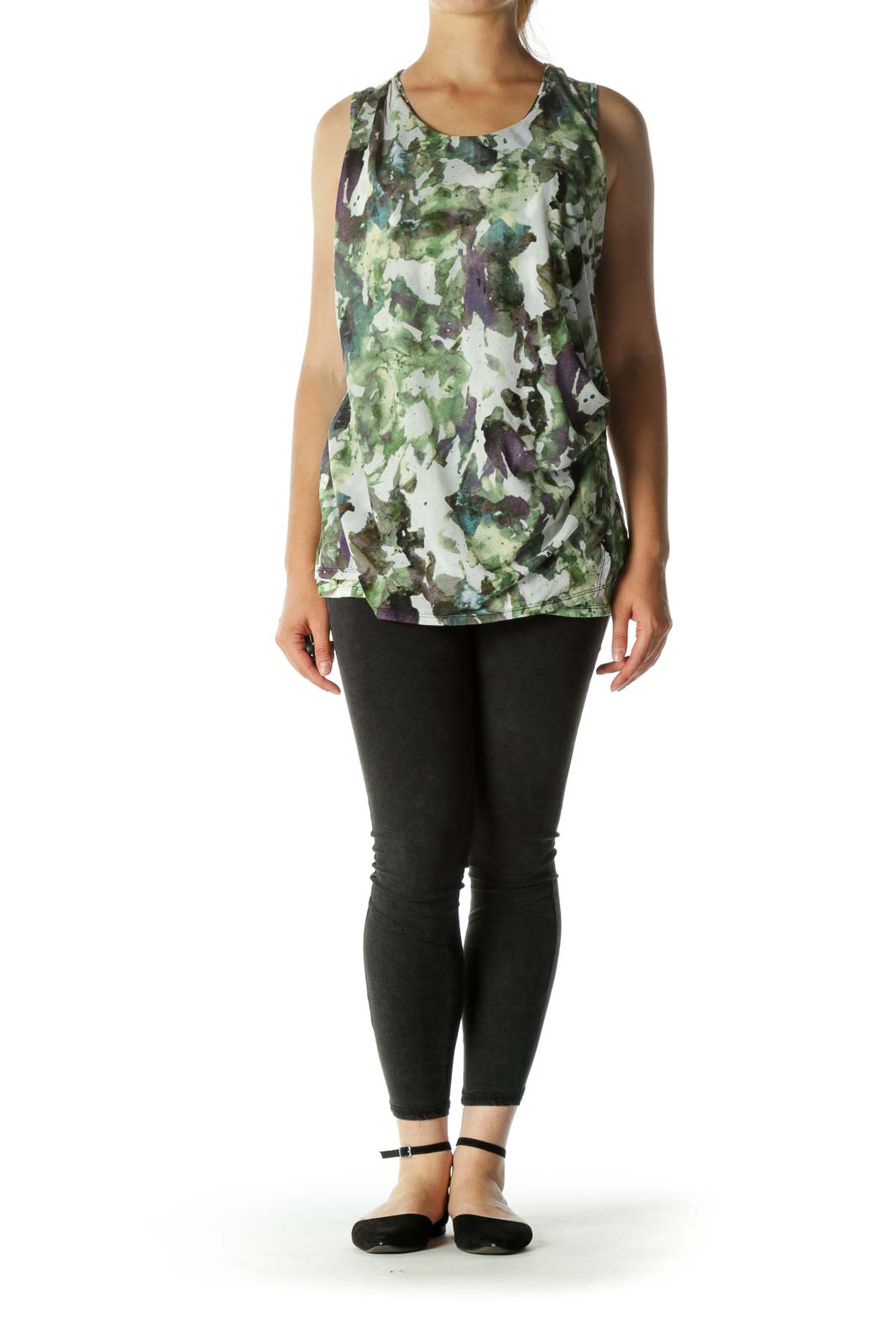 Green Pattern Ruched Tank Top