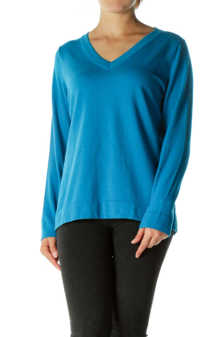 Blue Blend Wool V-Neck Knit Top