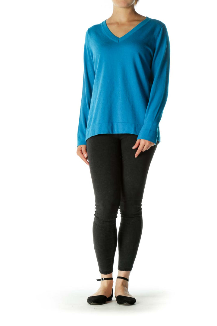 Blue Blend Wool V-Neck Knit Top