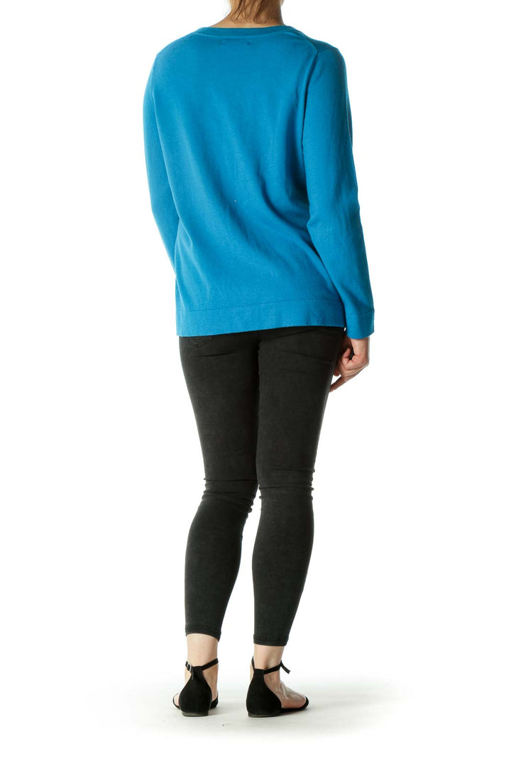 Blue Blend Wool V-Neck Knit Top