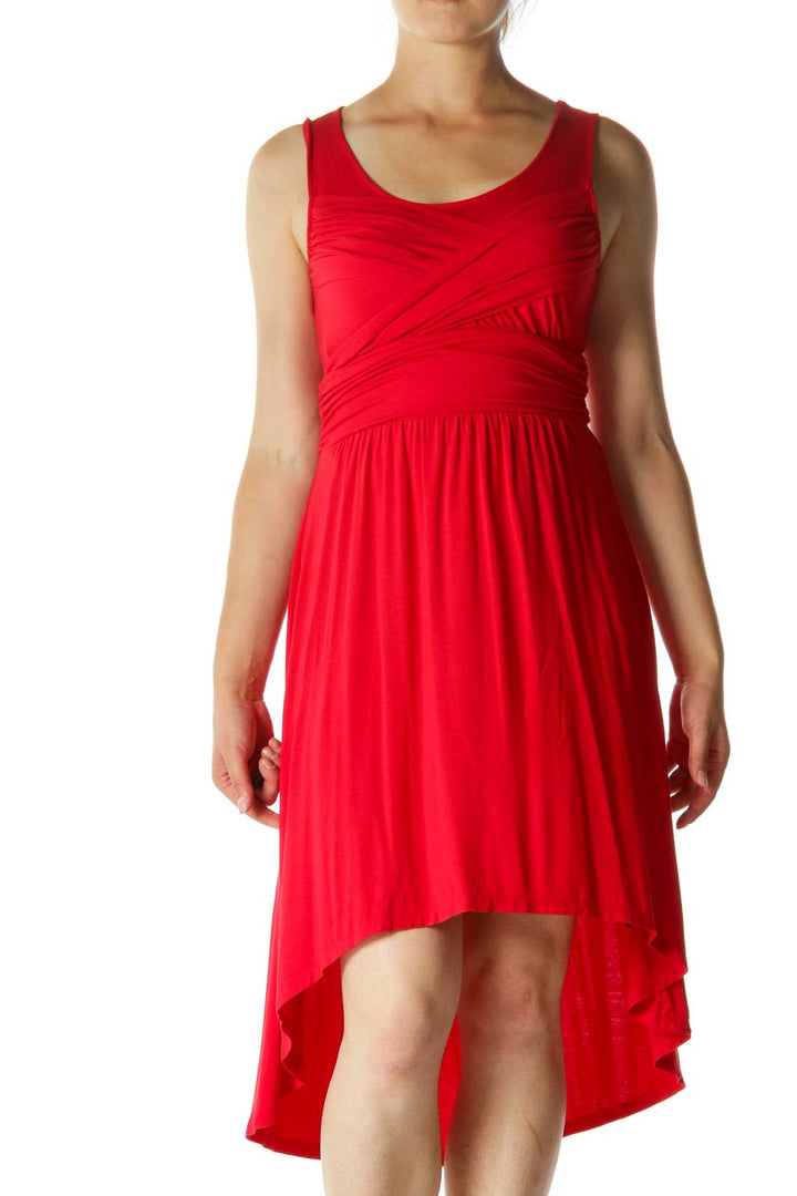 Red Wrap Detail Jersey-Knit High-Low Stretch Day Dress