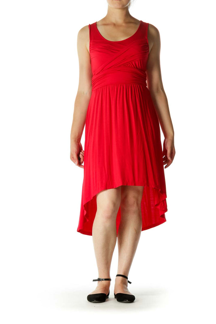 Red Wrap Detail Jersey-Knit High-Low Stretch Day Dress