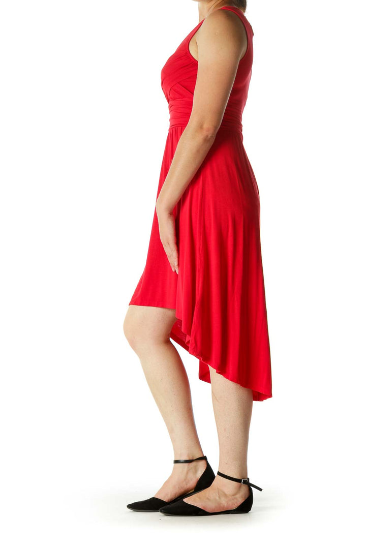 Red Wrap Detail Jersey-Knit High-Low Stretch Day Dress