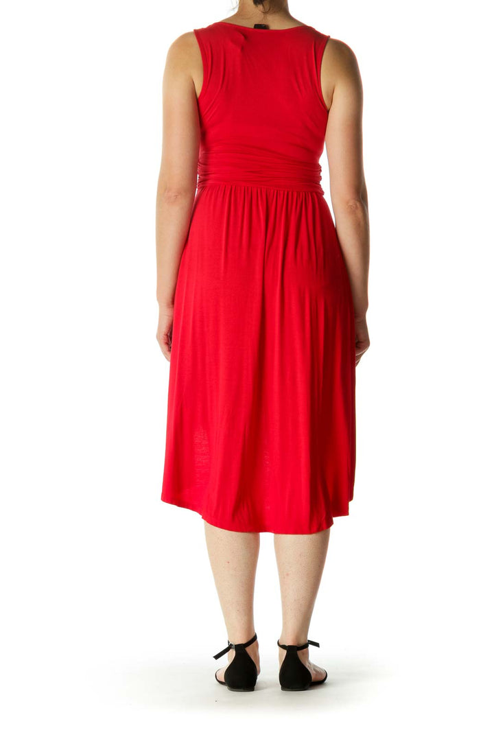 Red Wrap Detail Jersey-Knit High-Low Stretch Day Dress