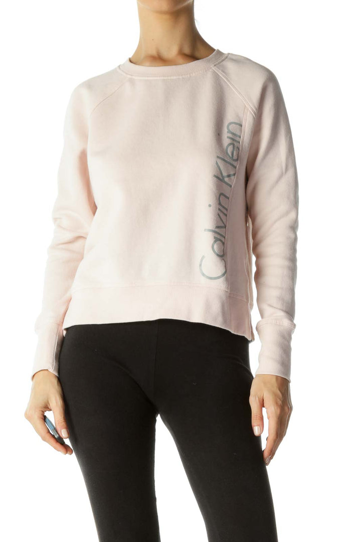 Baby Pink Round Neck Reflective Brand Text Active Sweatshirt