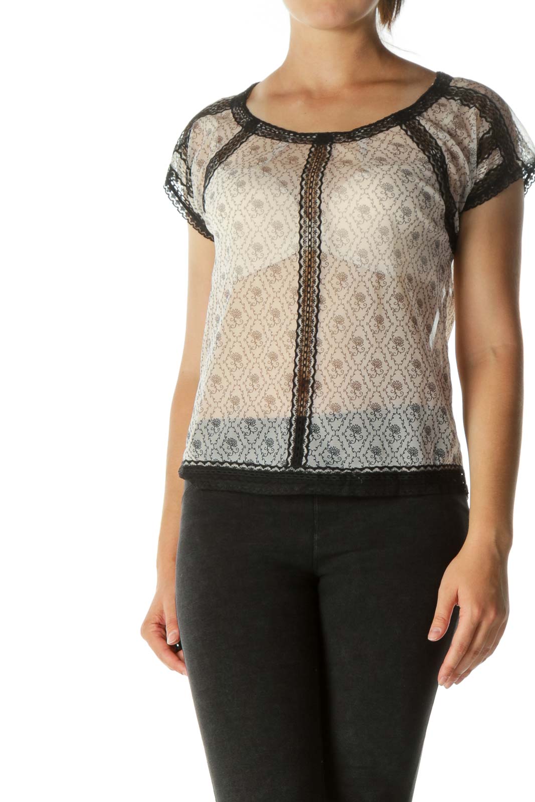 Front view of Free People beige lace crop top with black trim