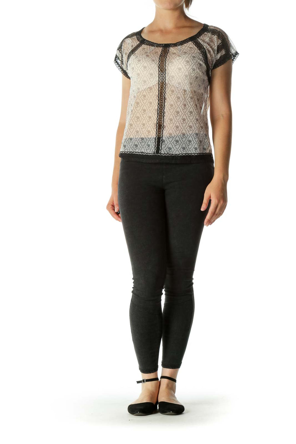 Front view of Free People beige lace crop top with black trim