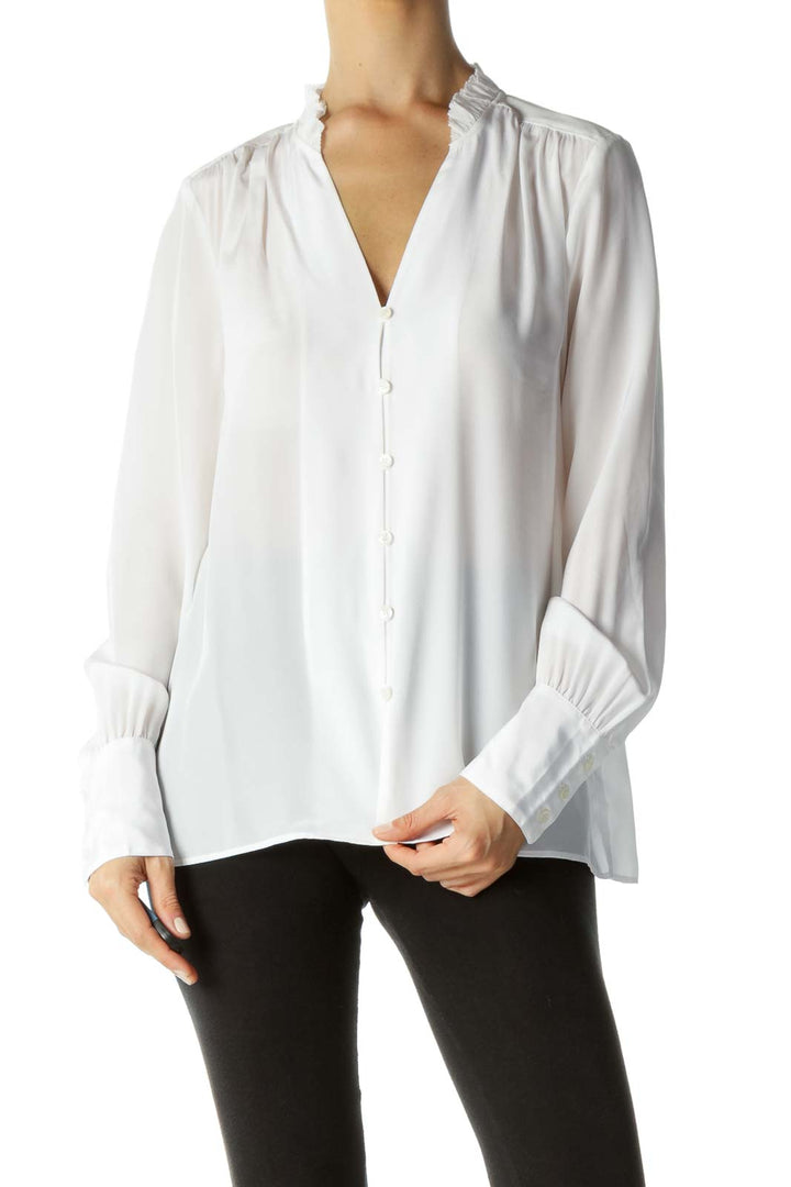 White 100% Silk Ruffled Collar Shirt