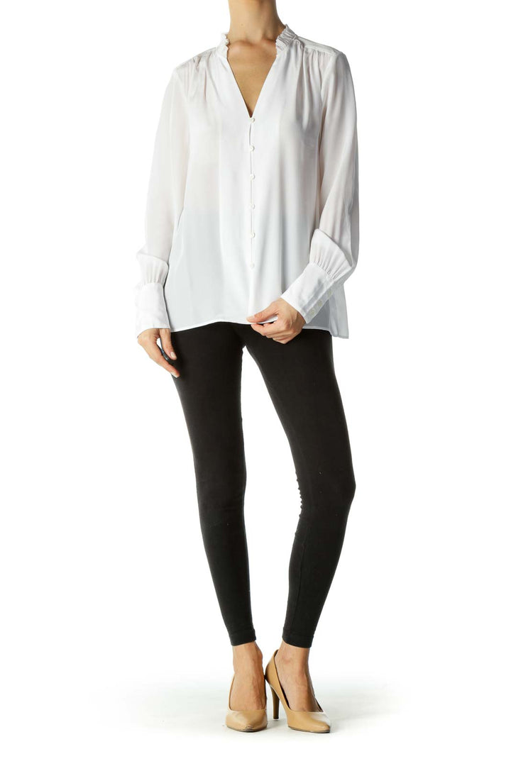 White 100% Silk Ruffled Collar Shirt