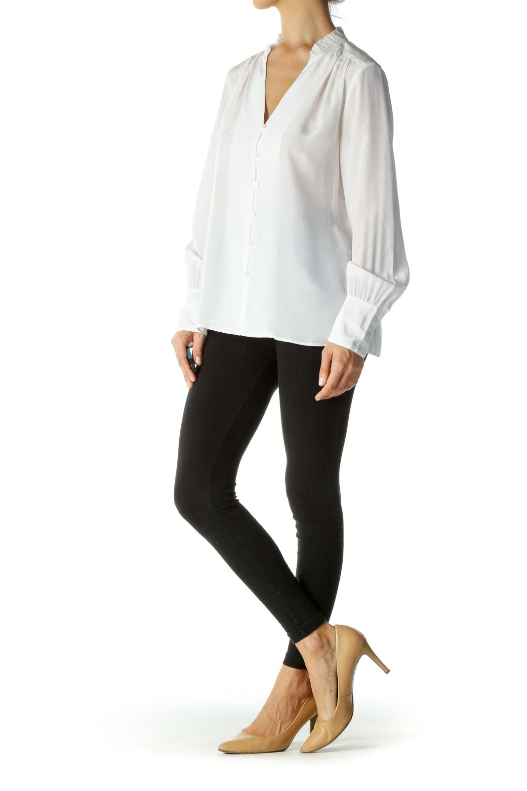 White 100% Silk Ruffled Collar Shirt