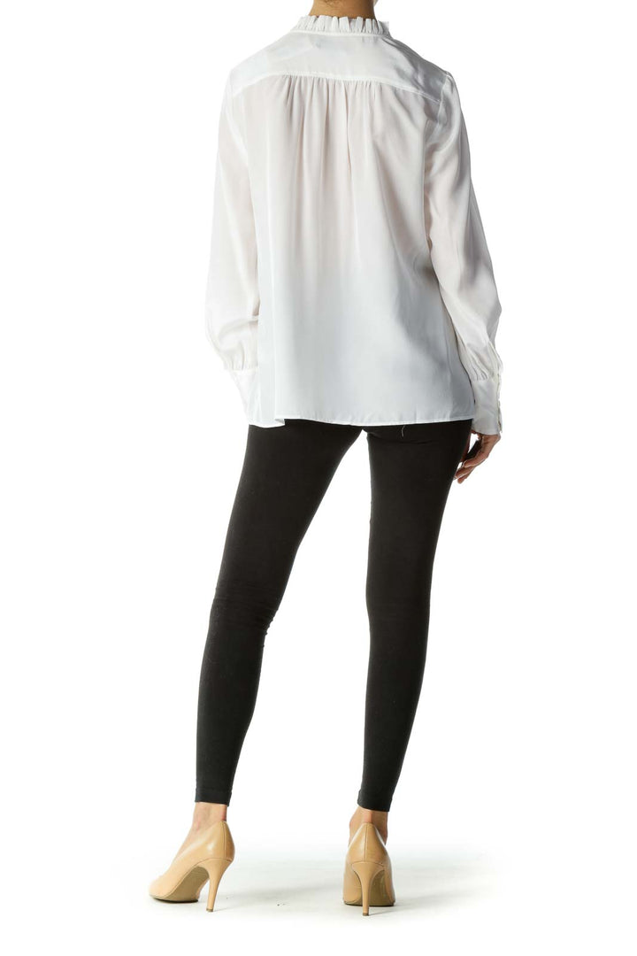 White 100% Silk Ruffled Collar Shirt