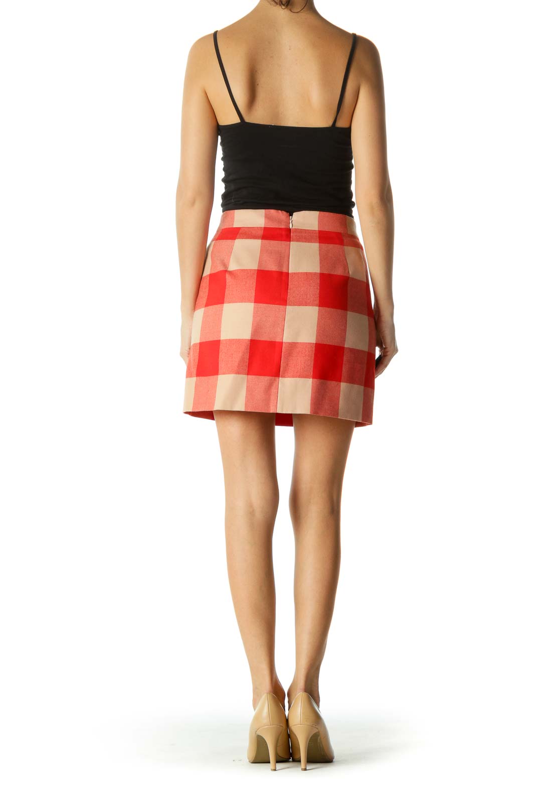 Red & Beige Zippered Gingham Mini Skirt