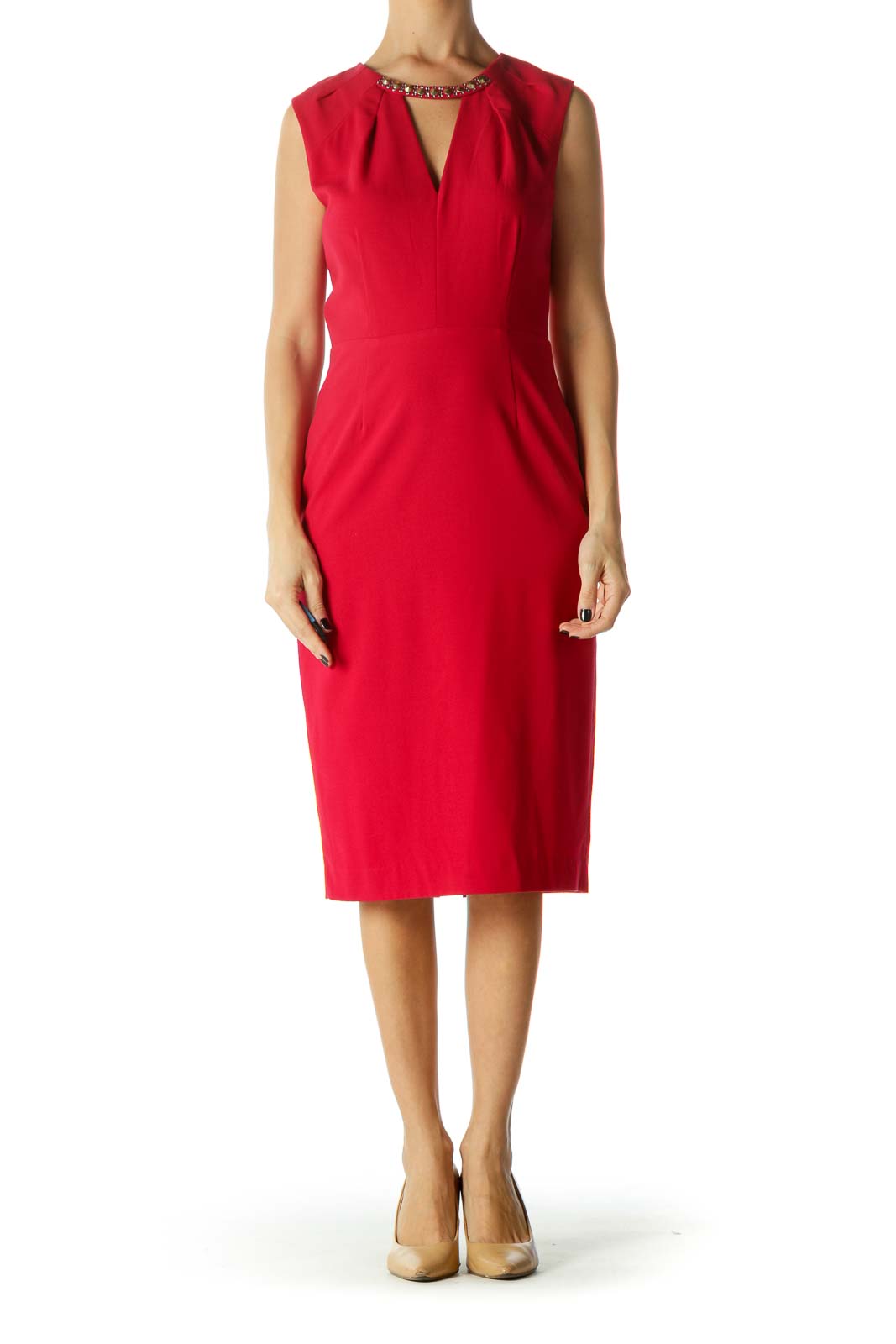 Red Embellished Neckline V-Neck Keyhole Work Dress