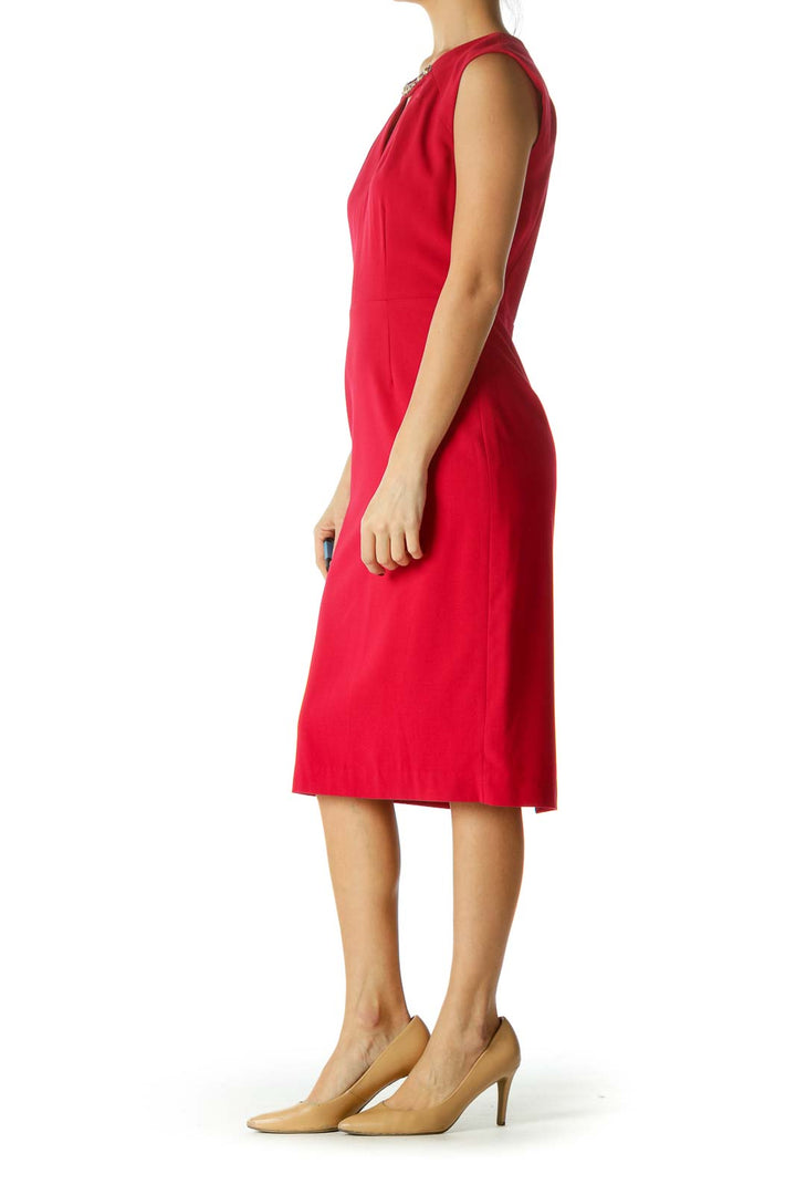 Red Embellished Neckline V-Neck Keyhole Work Dress