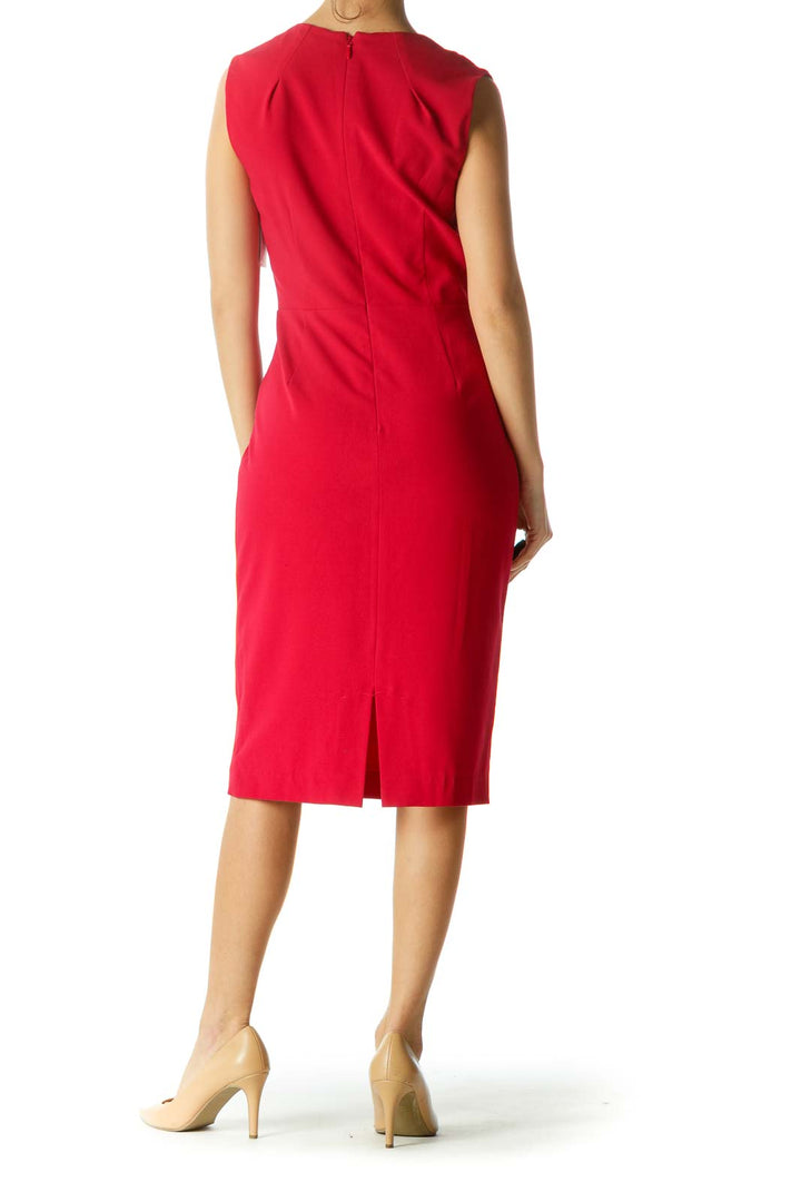 Red Embellished Neckline V-Neck Keyhole Work Dress