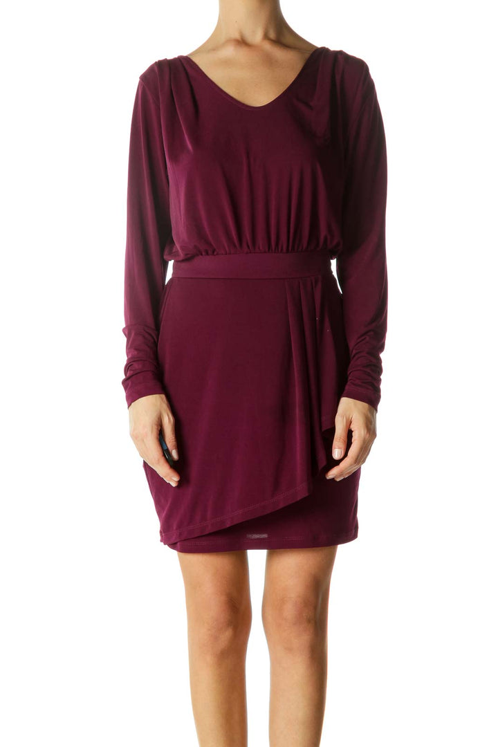 Purple Round Neck Cinched-Waist Stretch Cocktail Dress