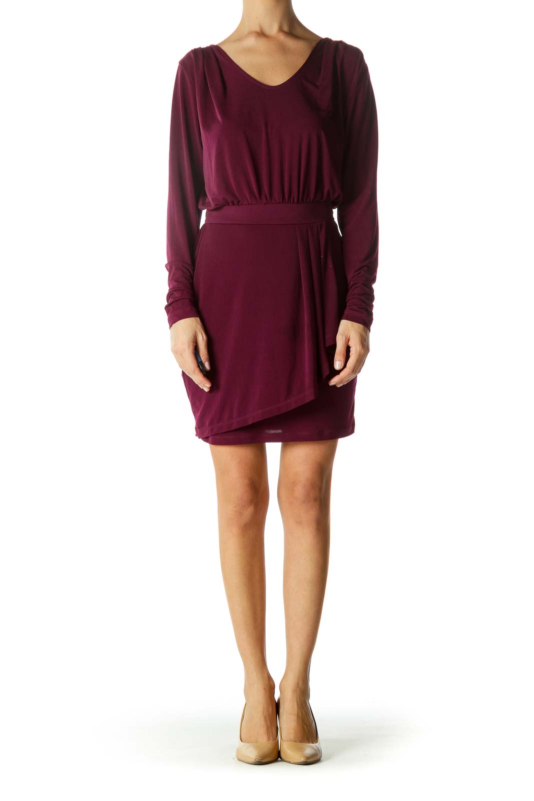 Purple Round Neck Cinched-Waist Stretch Cocktail Dress