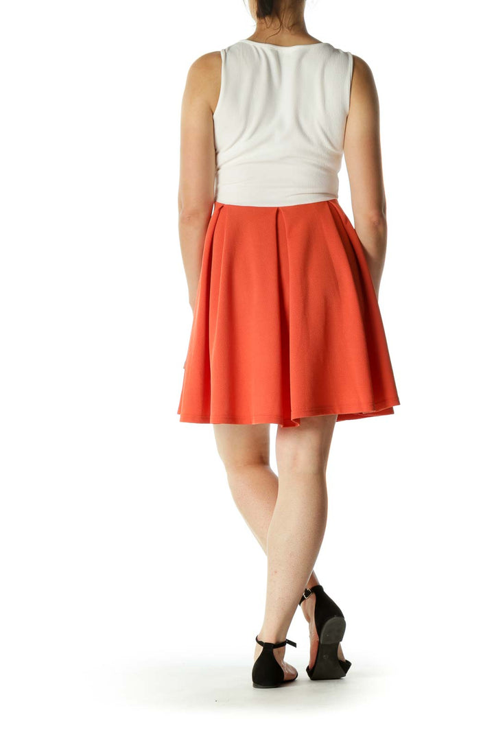 Cream Burnt Orange Textured Stretch A-Line Day Dress