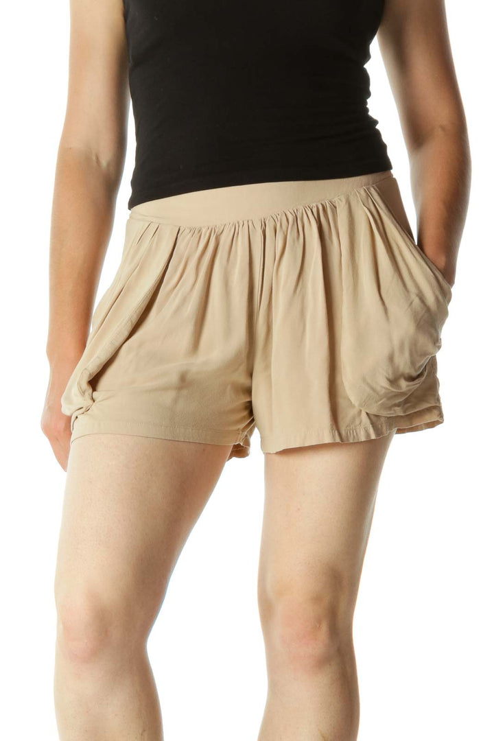 Beige Pocketed with Elastic Band Shorts