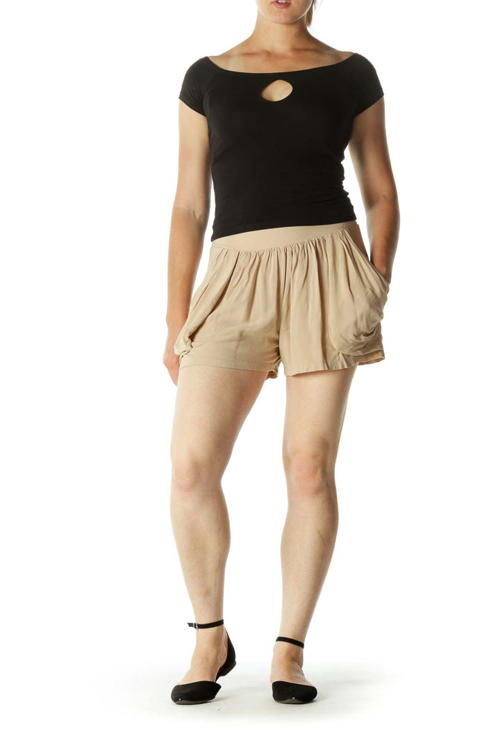 Beige Pocketed with Elastic Band Shorts