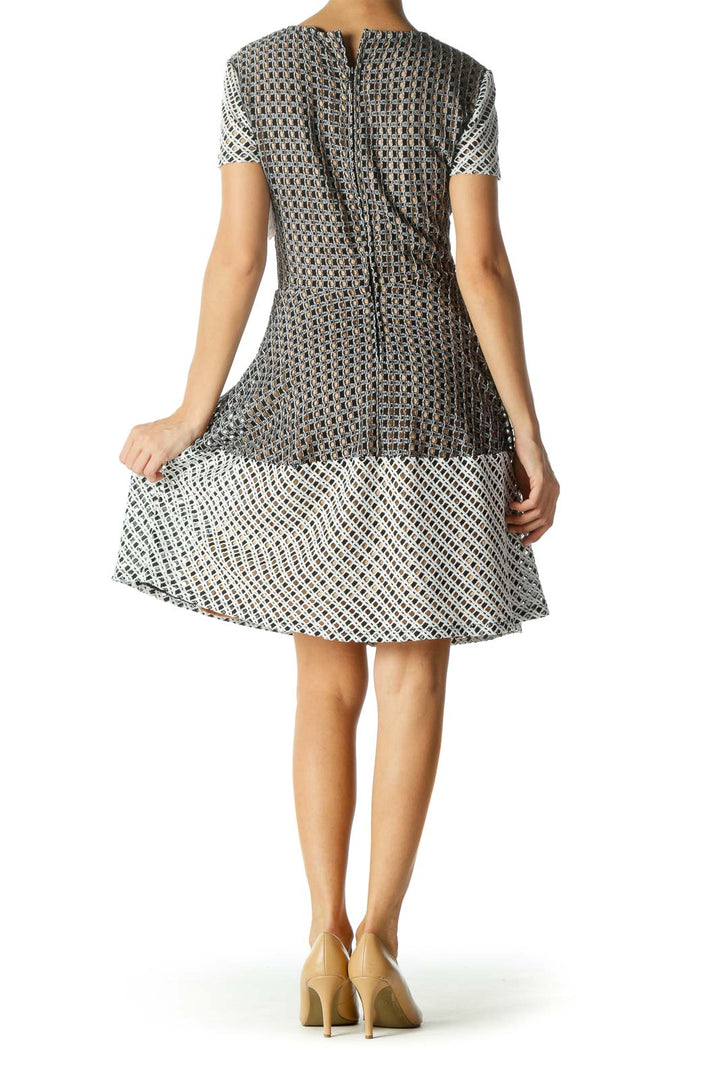 Beige Black White Mixed-Textured-Knit Flared Cocktail Dress