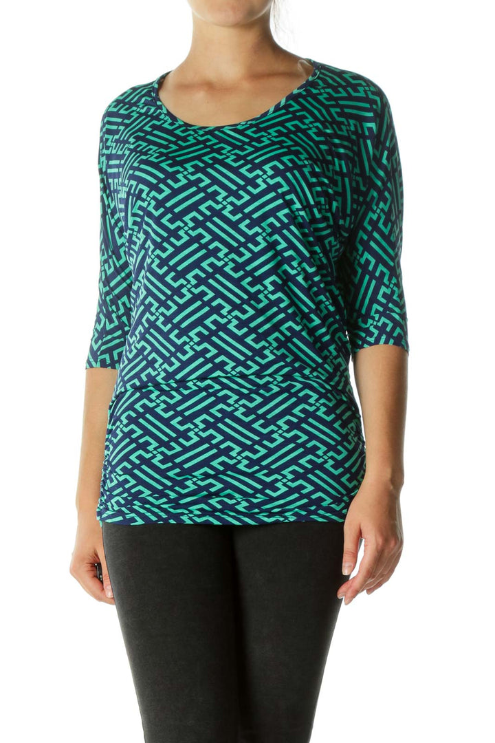 Green Blue Pattern Bat-Sleeves T-shirt