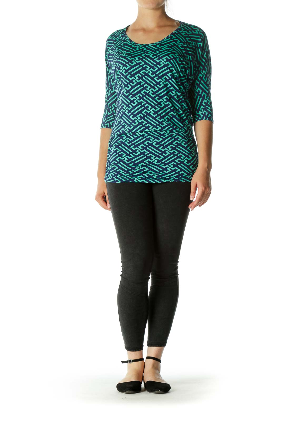 Green Blue Pattern Bat-Sleeves T-shirt