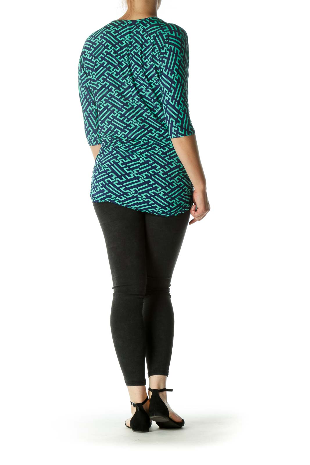 Green Blue Pattern Bat-Sleeves T-shirt