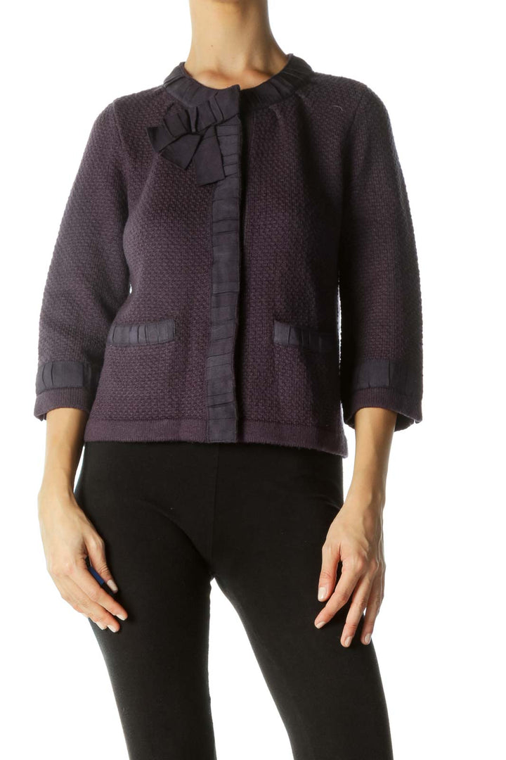 Purple Bow Neck Detail Snap Buttons Pocketed Knit Blazer