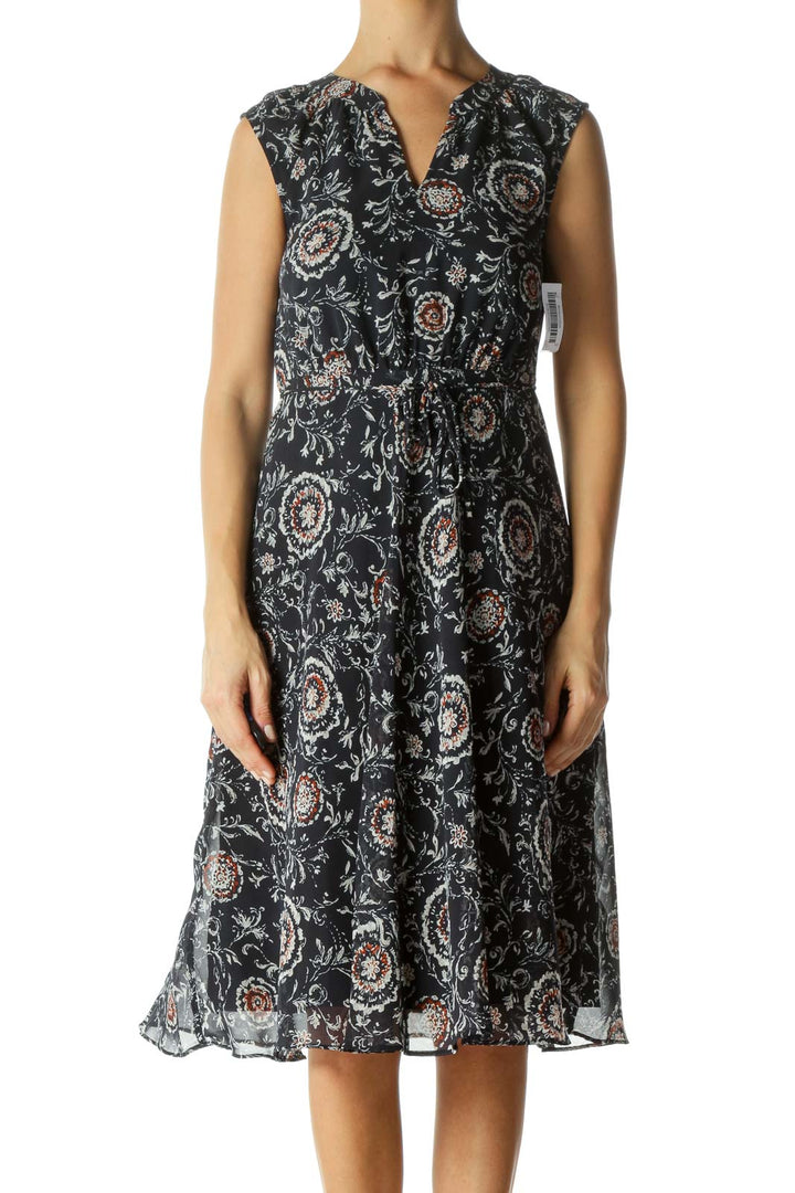 Navy Blue Orange V-Neck White Floral Print Waist Tie Dress