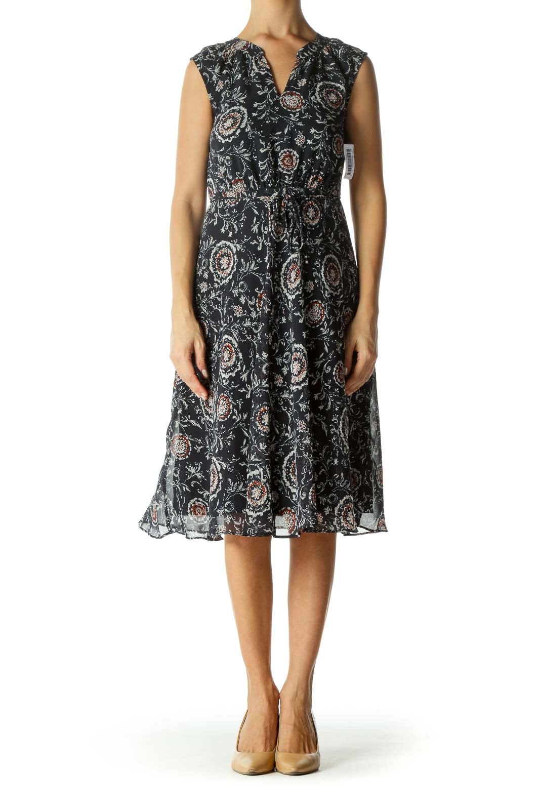 Navy Blue Orange V-Neck White Floral Print Waist Tie Dress