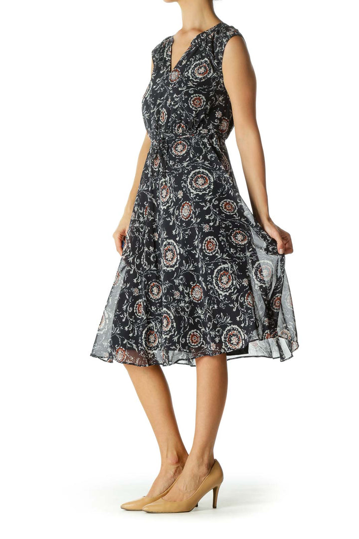 Navy Blue Orange V-Neck White Floral Print Waist Tie Dress