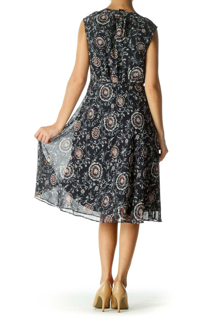 Navy Blue Orange V-Neck White Floral Print Waist Tie Dress