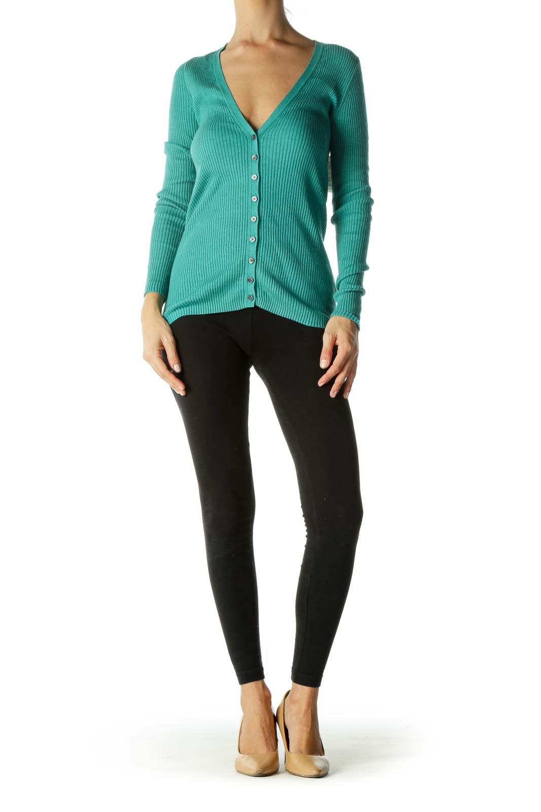 Teal Blue Pima Cotton and Cashmere Ribbed Slim Cardigan