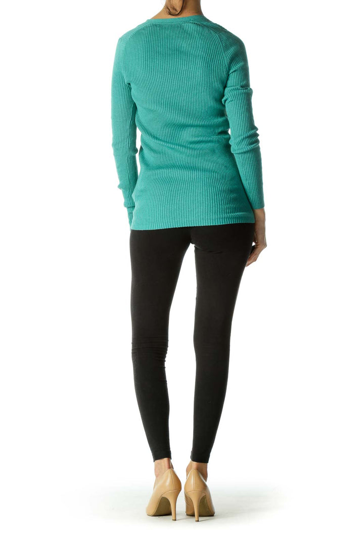 Teal Blue Pima Cotton and Cashmere Ribbed Slim Cardigan