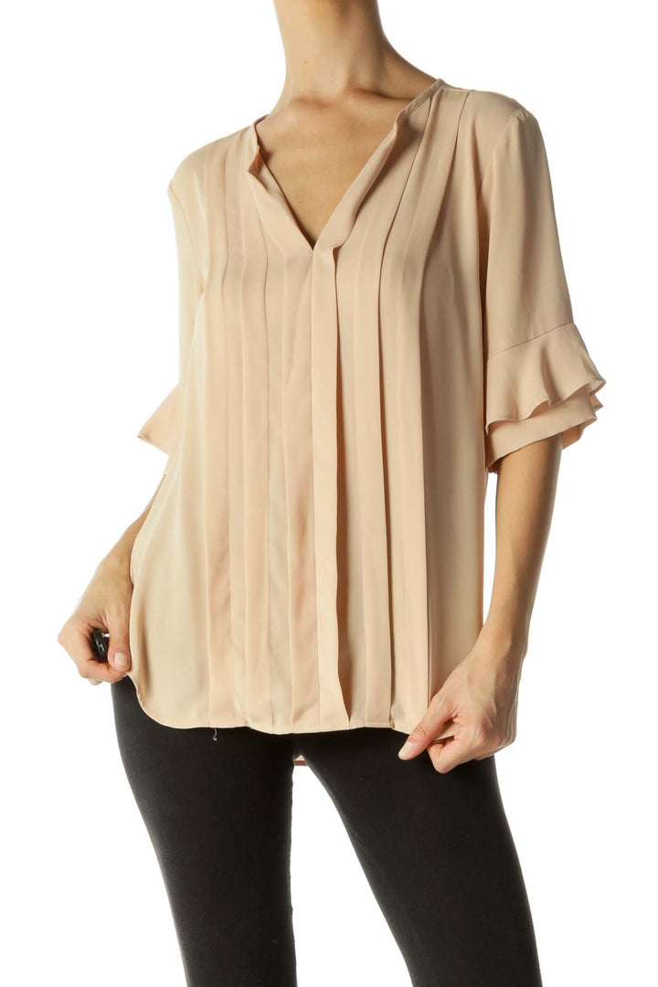 Beige Pleated Ruffled Sleeve Blouse