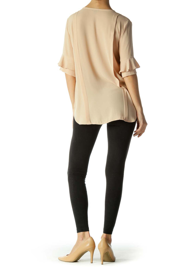 Beige Pleated Ruffled Sleeve Blouse