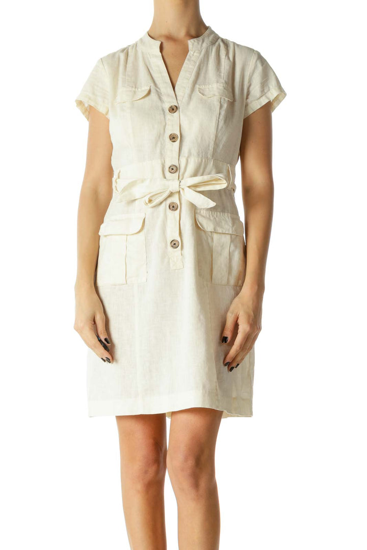 Cream Pocketed Button-Down Waist-Tie Dress