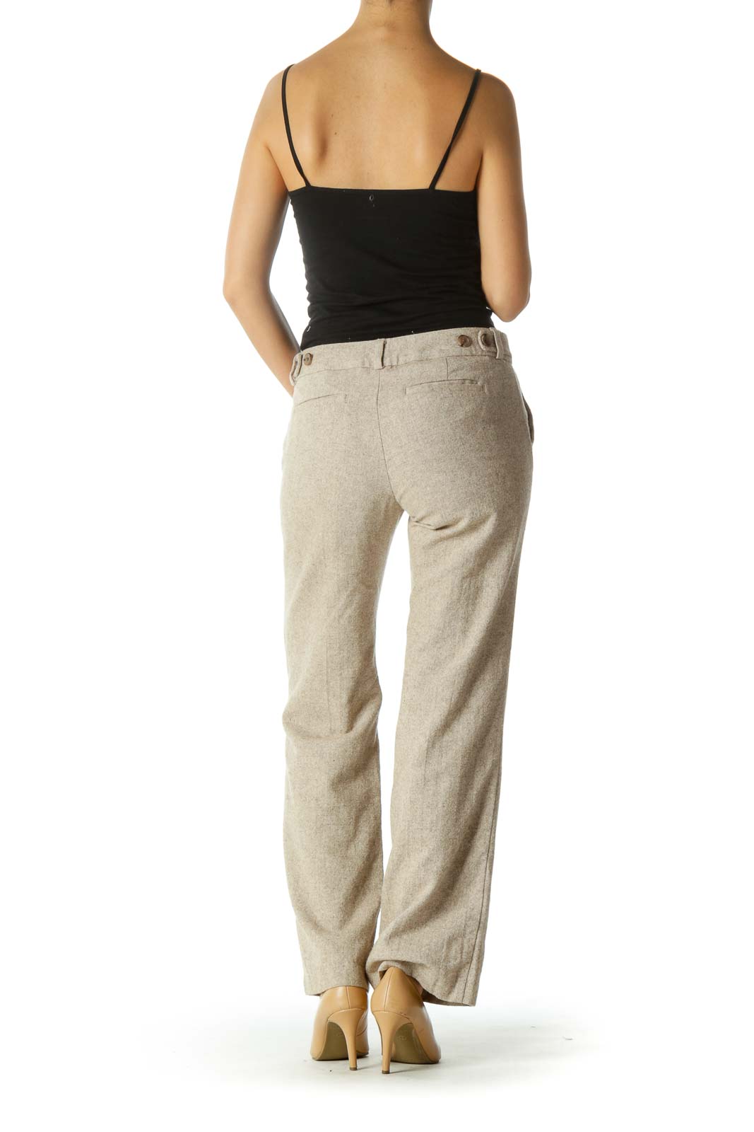 Cream Adjustable Waist Pocketed Straight Leg Pants