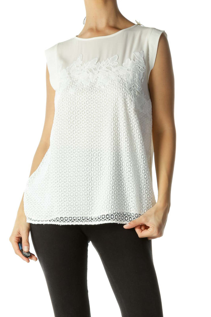 White Crocheted Keyhole Back Blouse