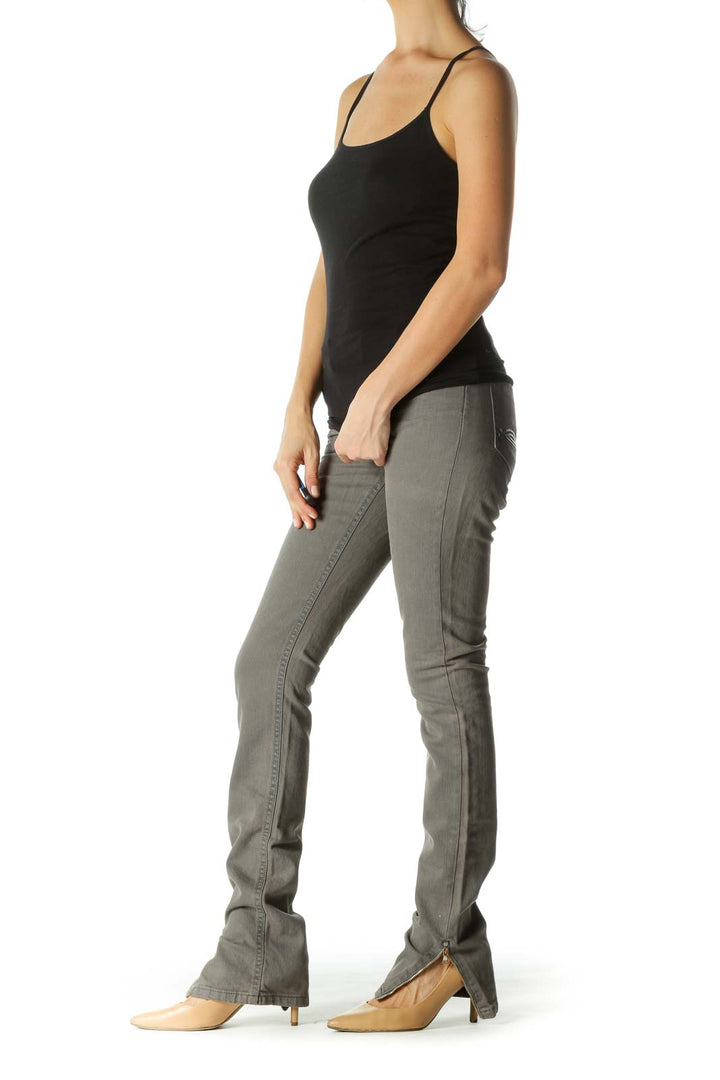 Gray Ankle Zippers Back Pocket Applique Slim Denim Pants