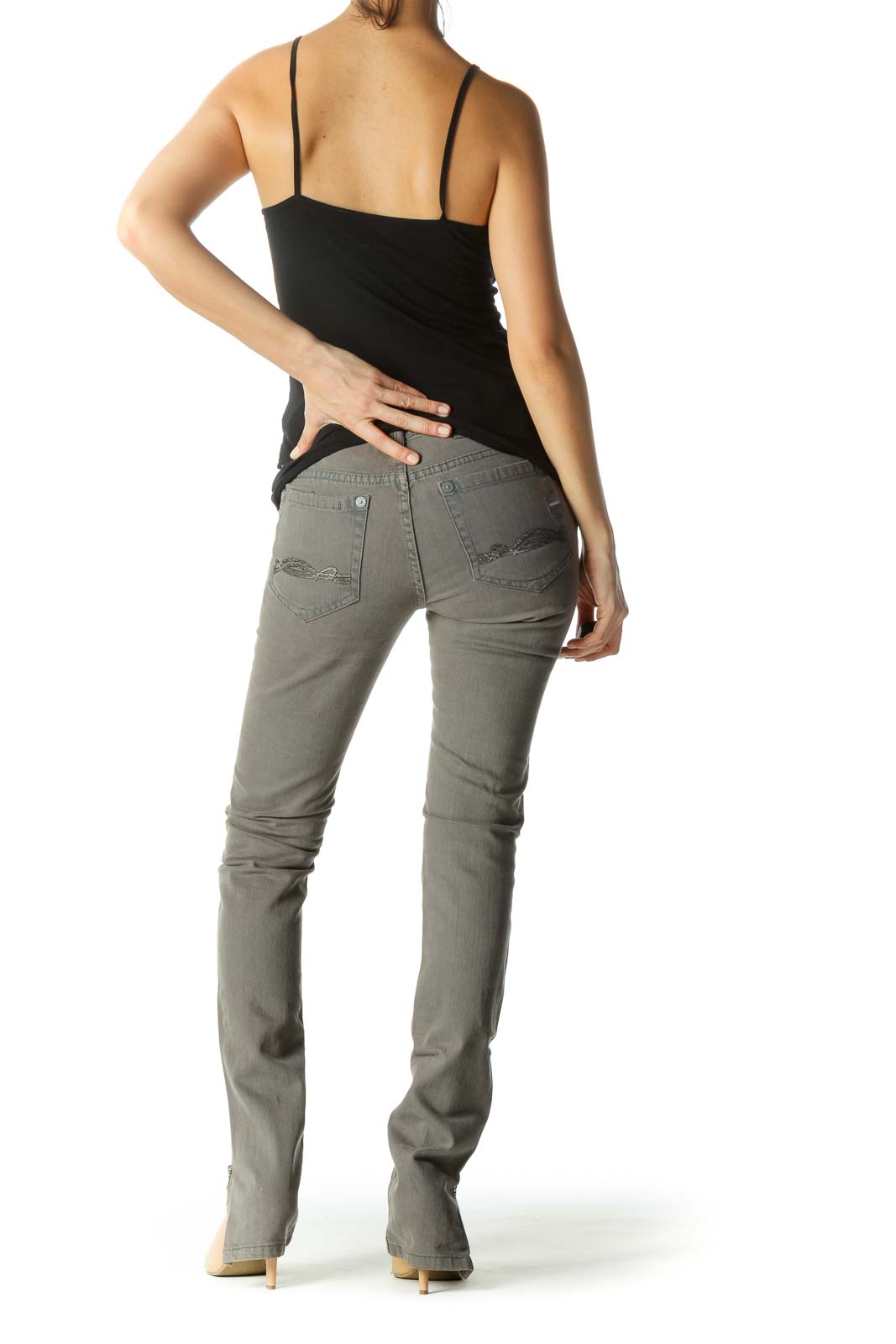 Gray Ankle Zippers Back Pocket Applique Slim Denim Pants