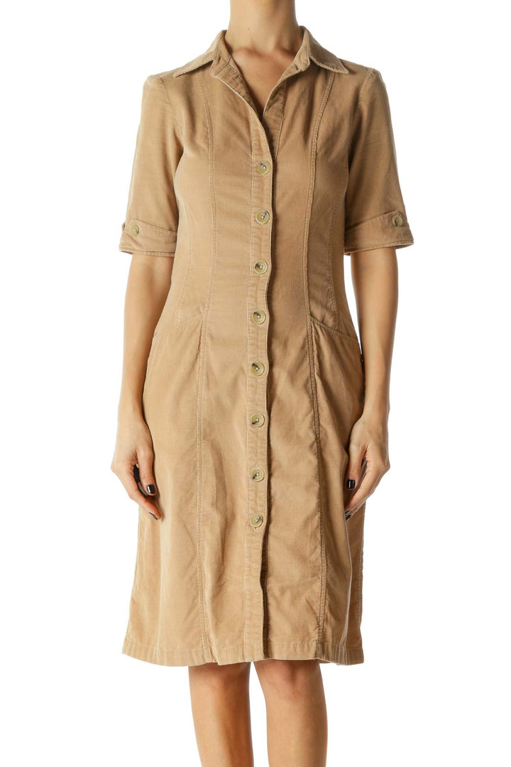 Beige Folded Hem Corduroy Dress