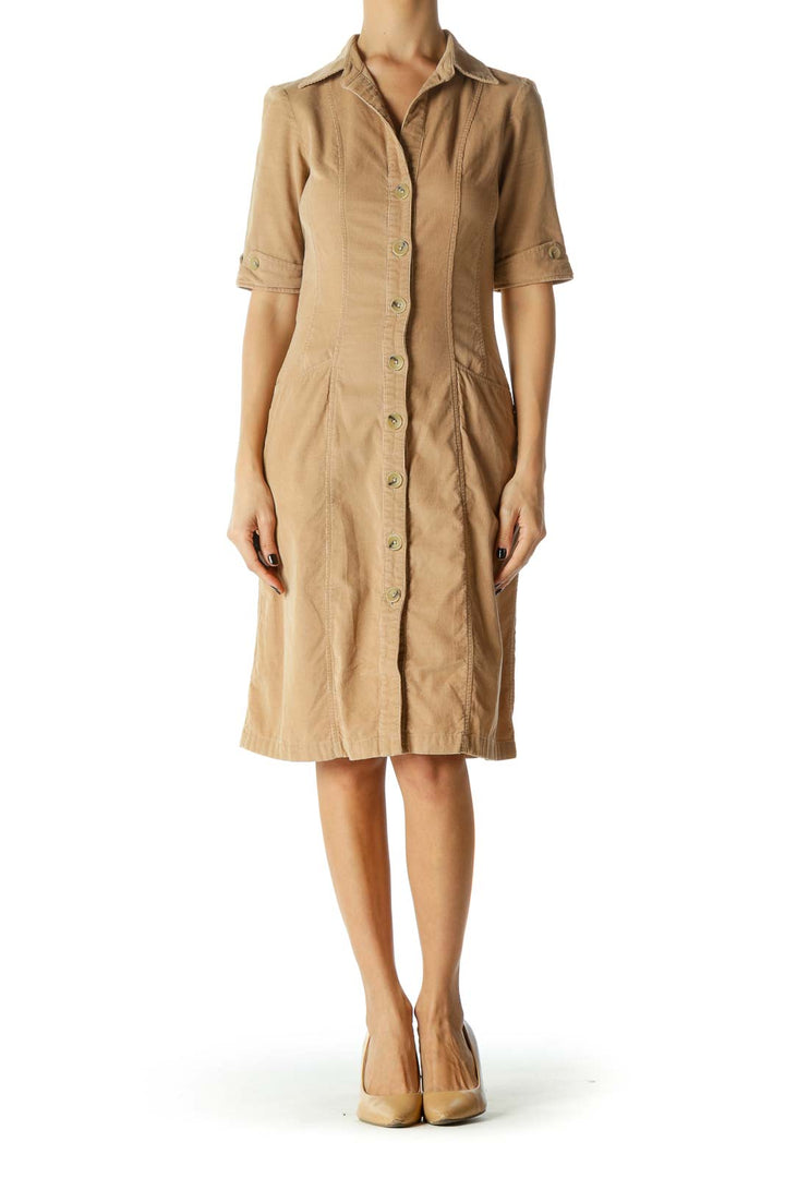 Beige Folded Hem Corduroy Dress