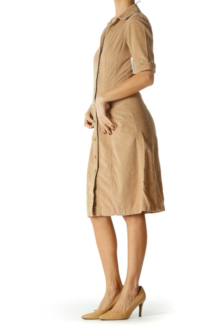 Beige Folded Hem Corduroy Dress