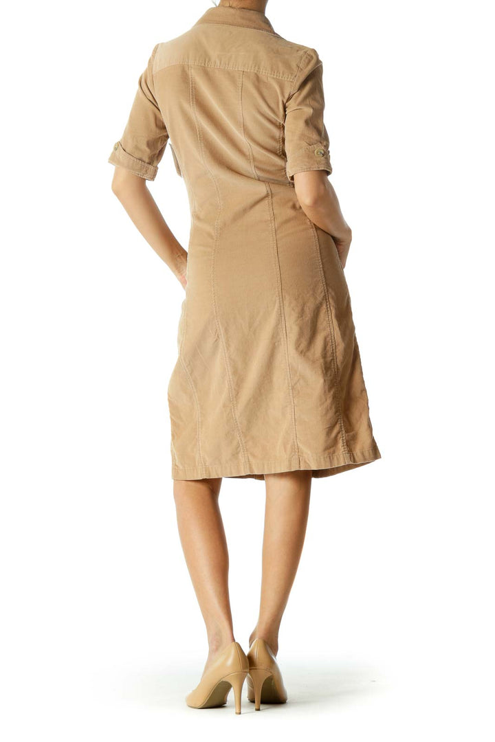 Beige Folded Hem Corduroy Dress