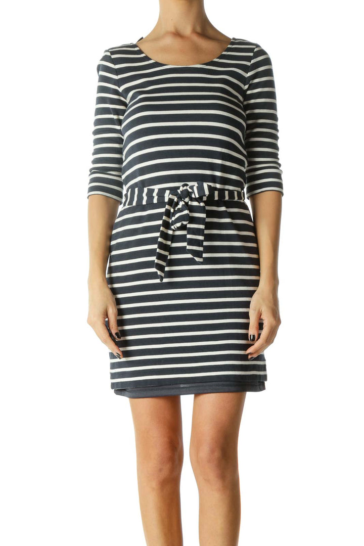 Navy & White Zippered Waist-Tie Stretch Dress